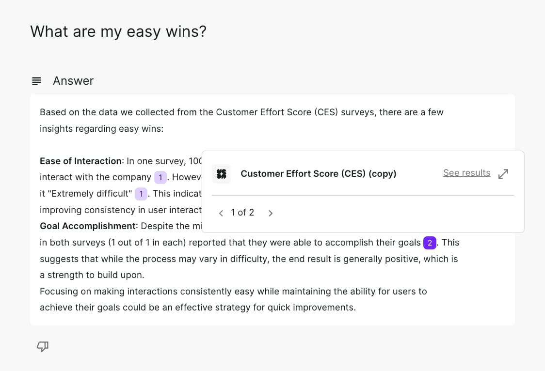 Survicate's Research Assistant is like a more reasonable chat GPT that only bases answers on real responses from customers.